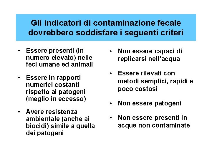 Gli indicatori di contaminazione fecale dovrebbero soddisfare i seguenti criteri • Essere presenti (in