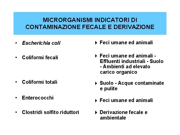 MICRORGANISMI INDICATORI DI CONTAMINAZIONE FECALE E DERIVAZIONE • Escherichia coli Feci umane ed animali