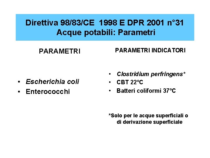 Direttiva 98/83/CE 1998 E DPR 2001 n° 31 Acque potabili: Parametri PARAMETRI INDICATORI •