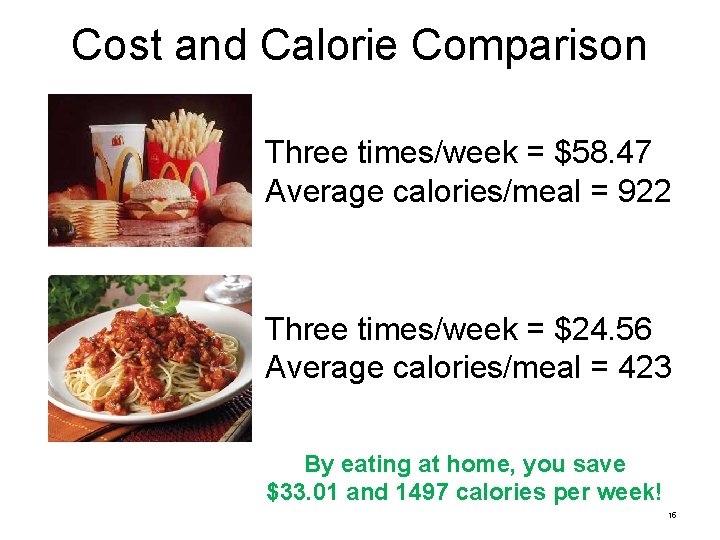 Cost and Calorie Comparison Three times/week = $58. 47 Average calories/meal = 922 Three
