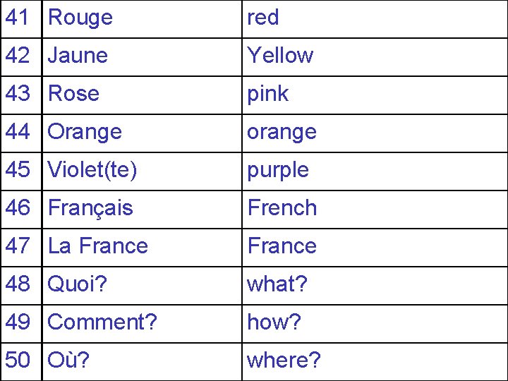 41 Rouge red 42 Jaune Yellow 43 Rose pink 44 Orange orange 45 Violet(te)