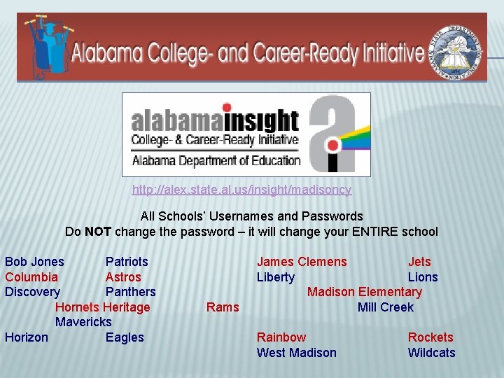 http: //alex. state. al. us/insight/madisoncy All Schools’ Usernames and Passwords Do NOT change the