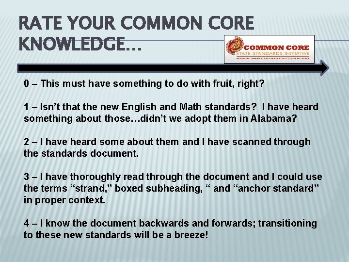 RATE YOUR COMMON CORE KNOWLEDGE… 0 – This must have something to do with