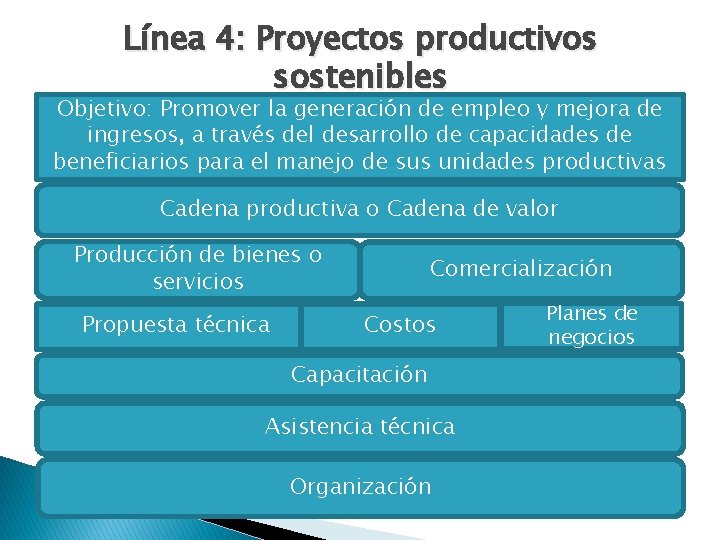 Línea 4: Proyectos productivos sostenibles Objetivo: Promover la generación de empleo y mejora de