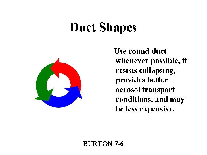 Duct Shapes Use round duct whenever possible, it resists collapsing, provides better aerosol transport