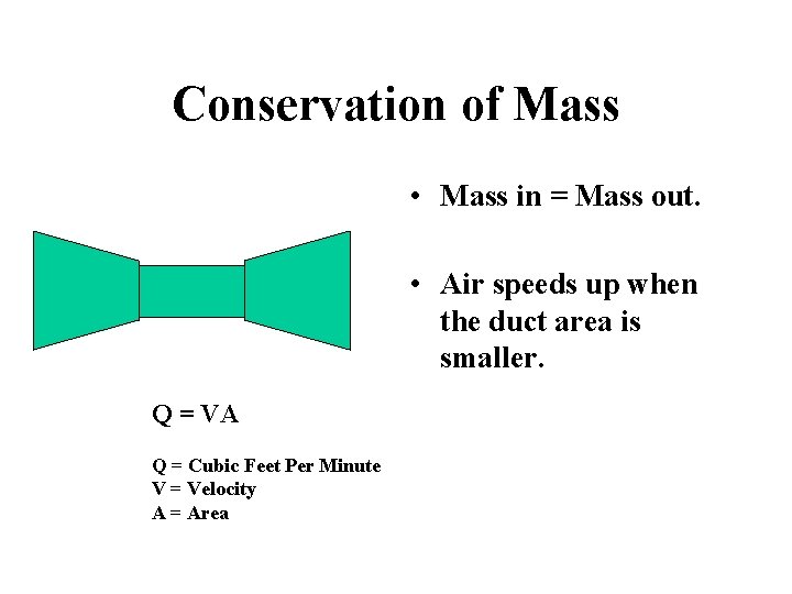 Conservation of Mass • Mass in = Mass out. • Air speeds up when