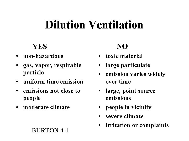 Dilution Ventilation YES • non-hazardous • gas, vapor, respirable particle • uniform time emission