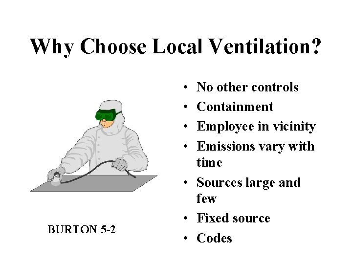 Why Choose Local Ventilation? • • BURTON 5 -2 No other controls Containment Employee