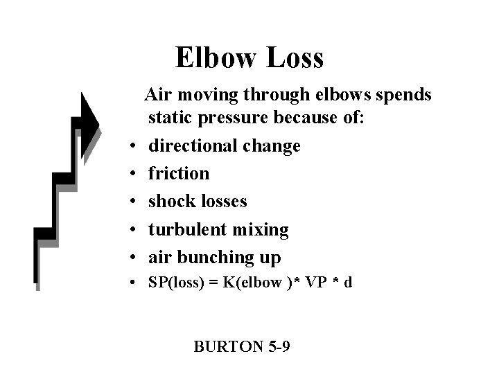 Elbow Loss • • • Air moving through elbows spends static pressure because of: