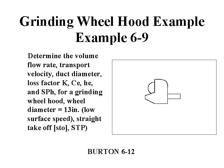 Grinding Wheel Hood Example 6 -9 Determine the volume flow rate, transport velocity, duct