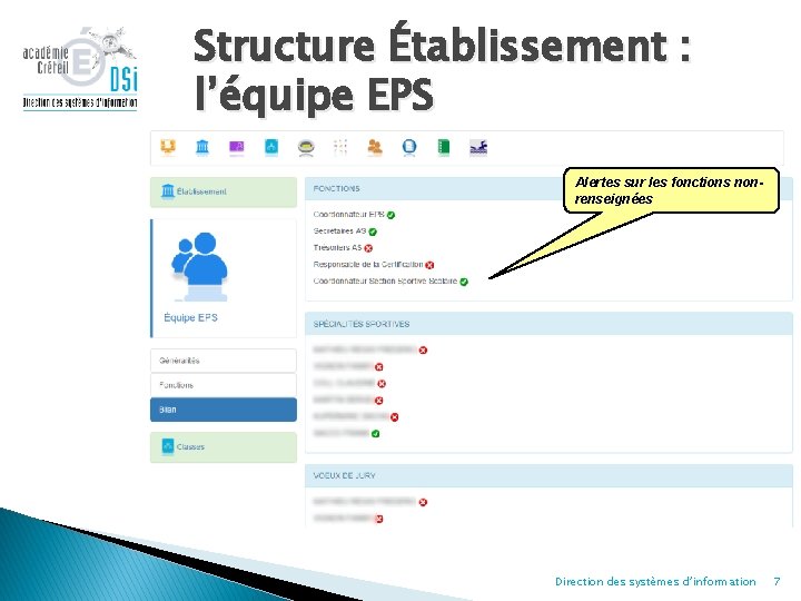 Structure Établissement : l’équipe EPS Alertes sur les fonctions nonrenseignées Direction des systèmes d’information