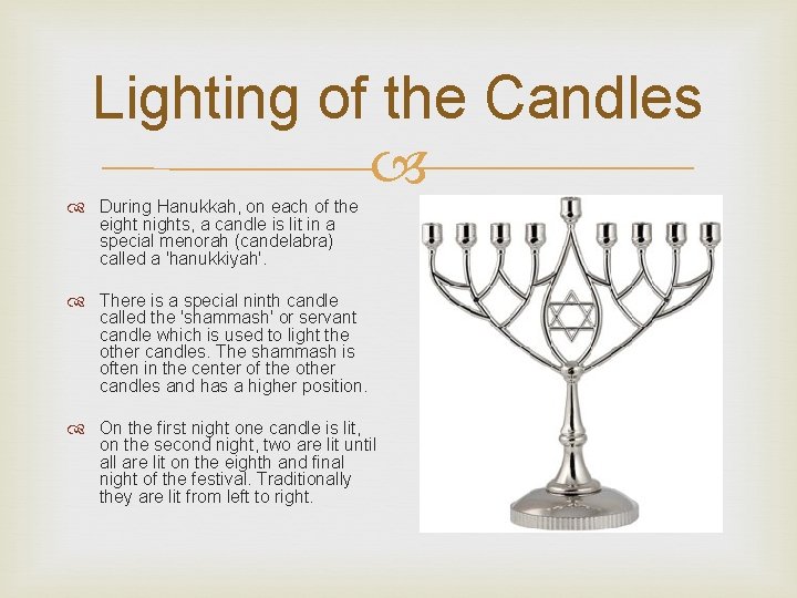 Lighting of the Candles During Hanukkah, on each of the eight nights, a candle