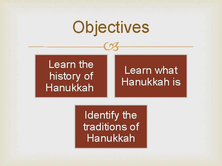 Objectives Learn the history of Hanukkah Learn what Hanukkah is Identify the traditions of
