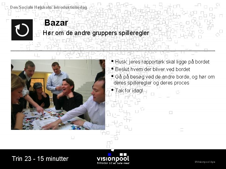 Den Sociale Højskole/ Introduktionsdag Bazar Hør om de andre gruppers spilleregler • Husk: jeres