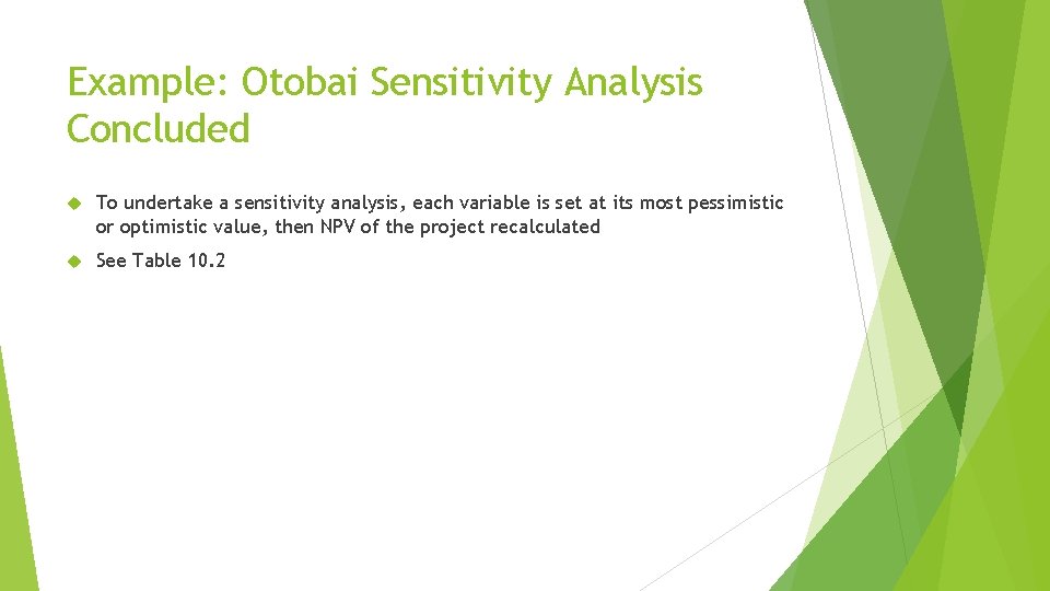 Example: Otobai Sensitivity Analysis Concluded To undertake a sensitivity analysis, each variable is set