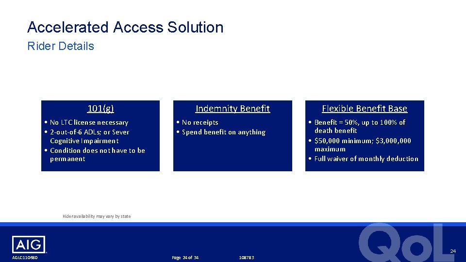Accelerated Access Solution Rider Details 101(g) • No LTC license necessary • 2 -out-of-6