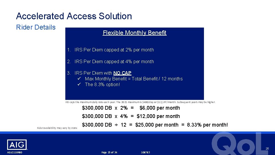 Accelerated Access Solution Rider Details Flexible Monthly Benefit 1. IRS Per Diem capped at
