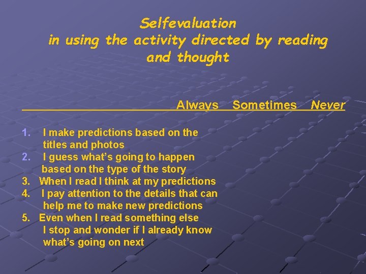 Selfevaluation in using the activity directed by reading and thought Always 1. 2. 3.