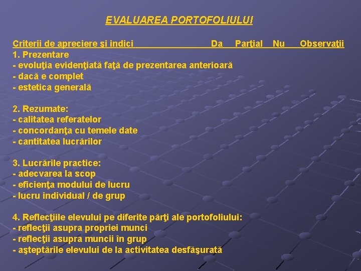 EVALUAREA PORTOFOLIULUI Criterii de apreciere şi indici Da Parţial 1. Prezentare - evoluţia evidenţiată