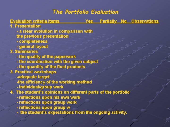 The Portfolio Evaluation criteria items Yes Partially No Observations 1. Presentation - a clear