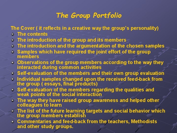 The Group Portfolio The Cover ( it reflects in a creative way the group’s