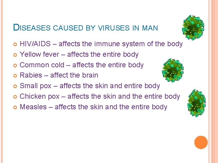 DISEASES CAUSED BY VIRUSES IN MAN HIV/AIDS – affects the immune system of the