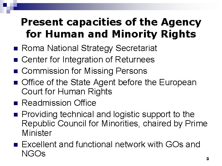Present capacities of the Agency for Human and Minority Rights n n n n