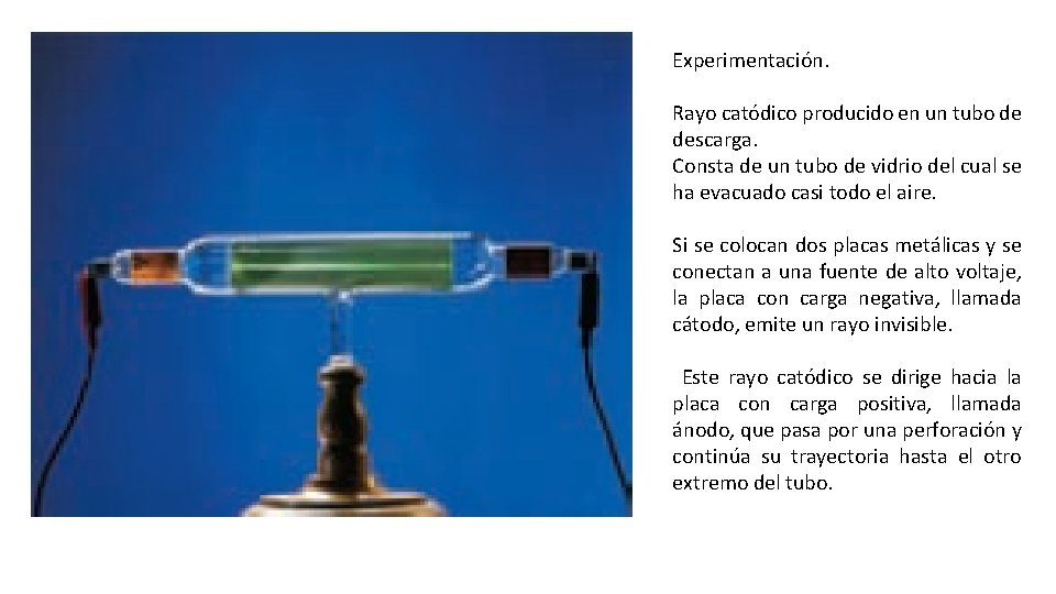 Experimentación. Rayo catódico producido en un tubo de descarga. Consta de un tubo de