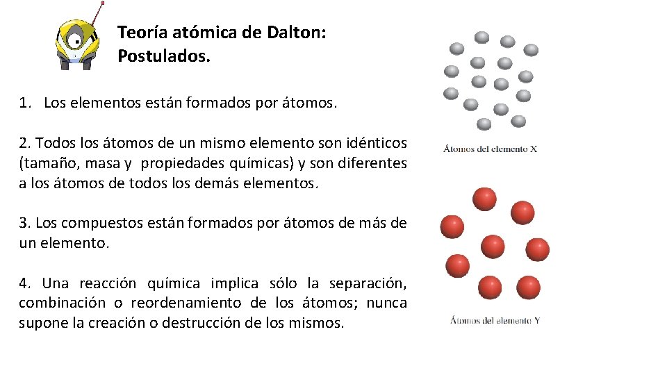 Teoría atómica de Dalton: Postulados. 1. Los elementos están formados por átomos. 2. Todos