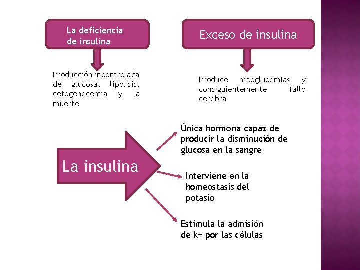 La deficiencia de insulina Producción incontrolada de glucosa, lipolisis, cetogenecemia y la muerte Exceso