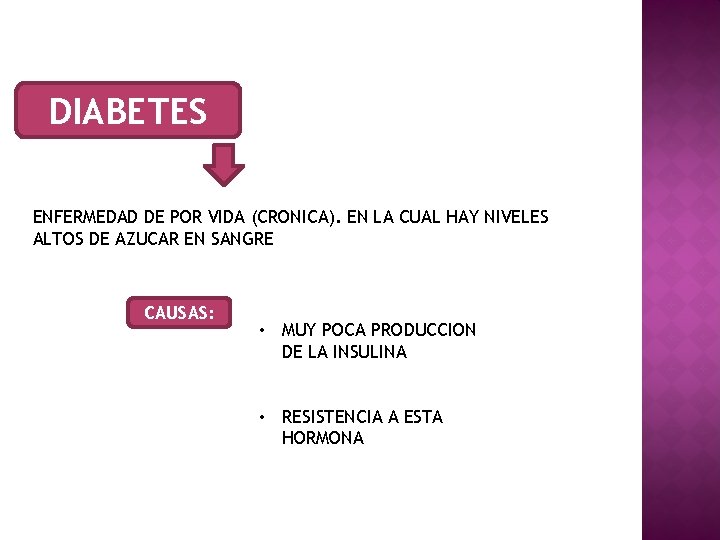 DIABETES ENFERMEDAD DE POR VIDA (CRONICA). EN LA CUAL HAY NIVELES ALTOS DE AZUCAR