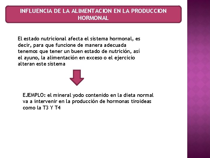 INFLUENCIA DE LA ALIMENTACION EN LA PRODUCCION HORMONAL El estado nutricional afecta el sistema