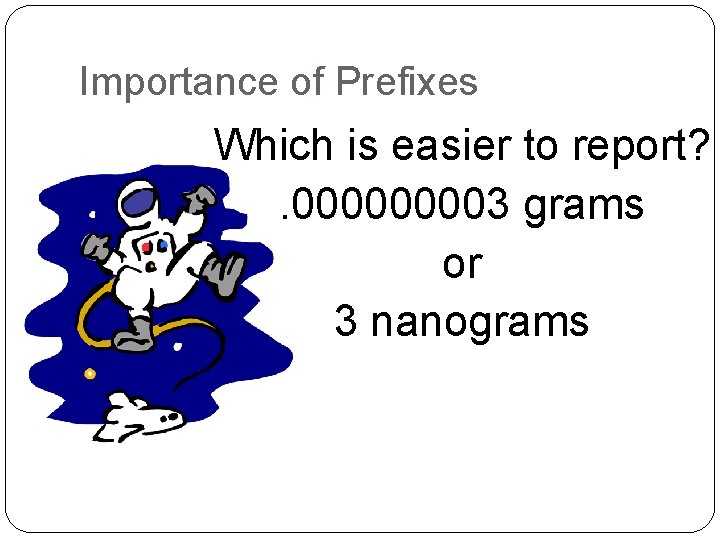 Importance of Prefixes Which is easier to report? . 00003 grams or 3 nanograms Importance of Prefixes Which is easier to report? . 00003 grams or 3 nanograms