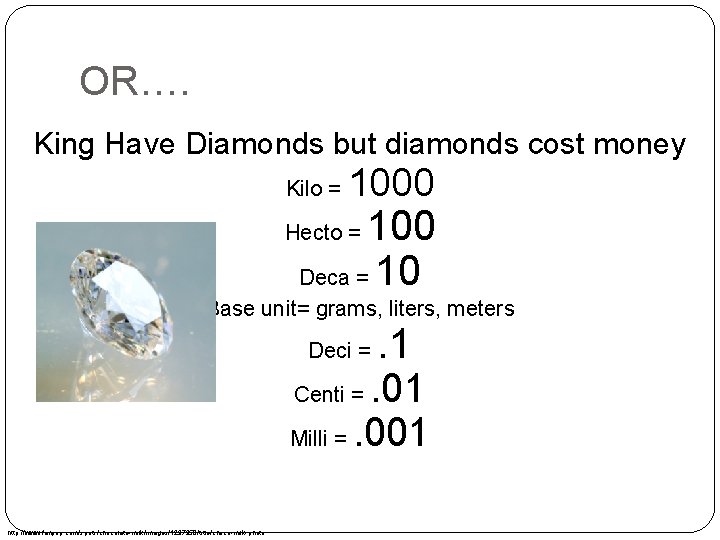 OR…. King Have Diamonds but diamonds cost money Kilo = 1000 100 Deca = OR…. King Have Diamonds but diamonds cost money Kilo = 1000 100 Deca =