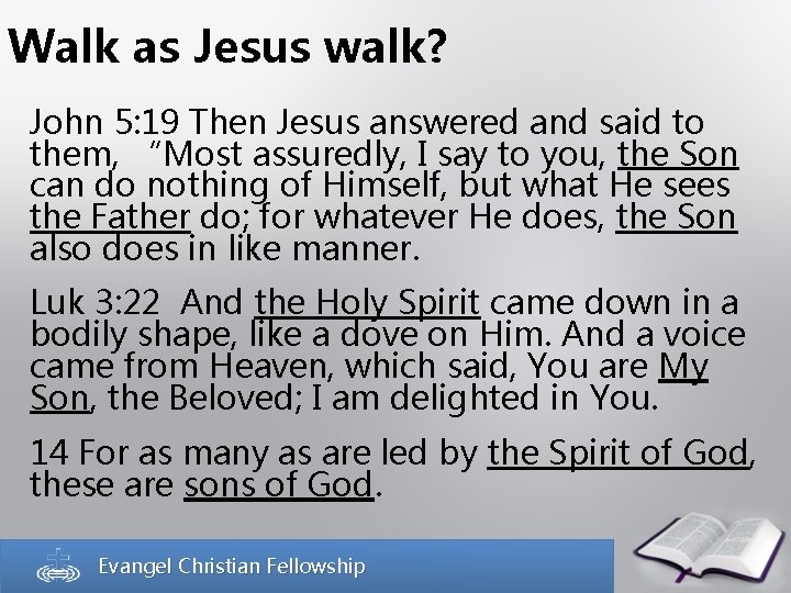 Walk as Jesus walk? John 5: 19 Then Jesus answered and said to them,