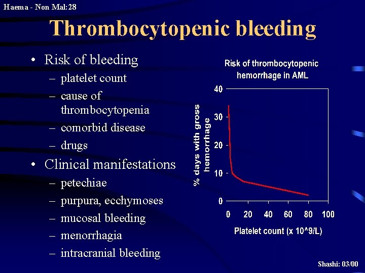 Haema - Non Mal: 28 Thrombocytopenic bleeding • Risk of bleeding – platelet count