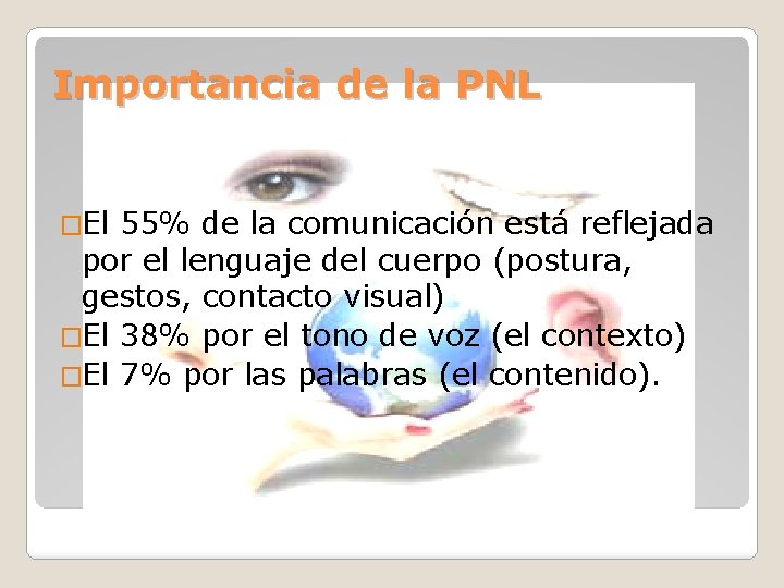 Importancia de la PNL �El 55% de la comunicación está reflejada por el lenguaje