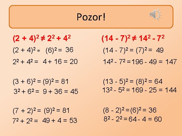 Pozor! (2 + 4)2 ≠ 22 + 42 (14 - 7)2 ≠ 142 -