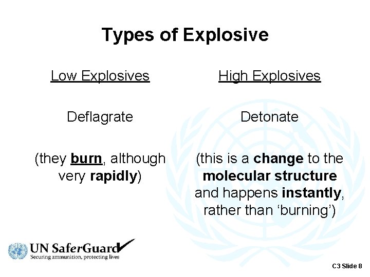 Types of Explosive Low Explosives High Explosives Deflagrate Detonate (they burn, although very rapidly)