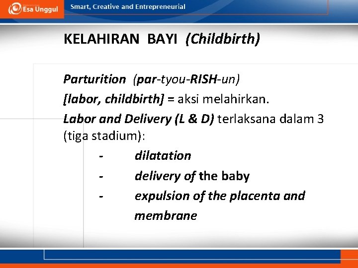 KELAHIRAN BAYI (Childbirth) Parturition (par-tyou-RISH-un) [labor, childbirth] = aksi melahirkan. Labor and Delivery (L