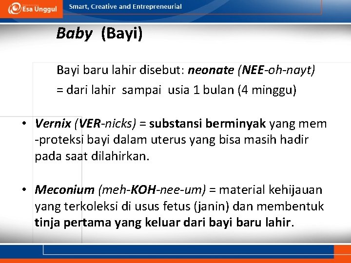 Baby (Bayi) Bayi baru lahir disebut: neonate (NEE-oh-nayt) = dari lahir sampai usia 1