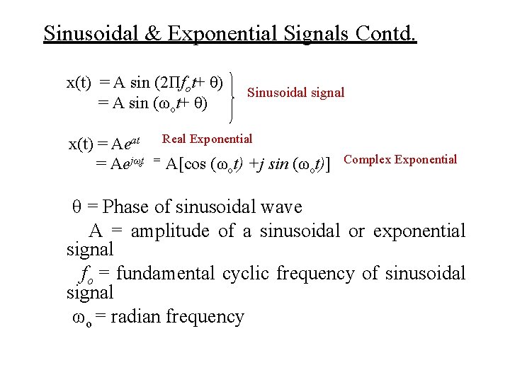 Sinusoidal & Exponential Signals Contd. x(t) = A sin (2 Пfot+ θ) = A
