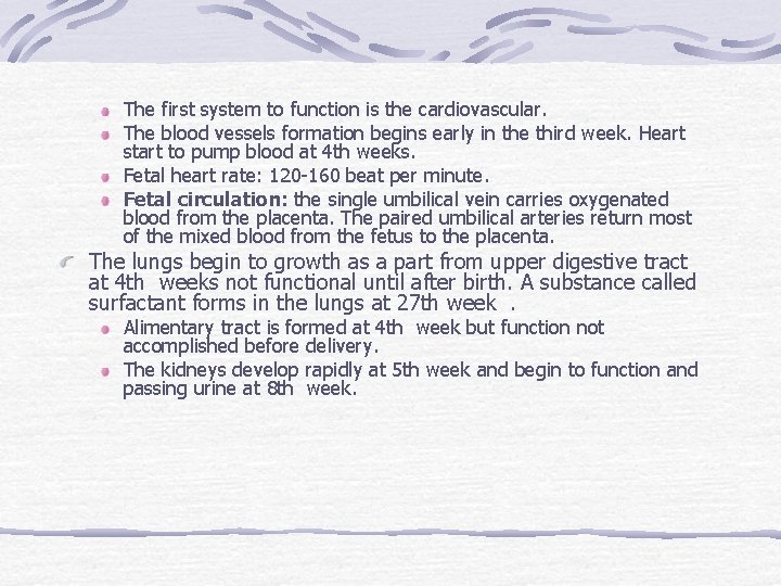 The first system to function is the cardiovascular. The blood vessels formation begins early