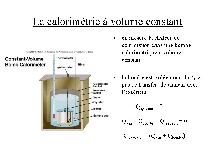 La calorimétrie à volume constant • on mesure la chaleur de combustion dans une La calorimétrie à volume constant • on mesure la chaleur de combustion dans une