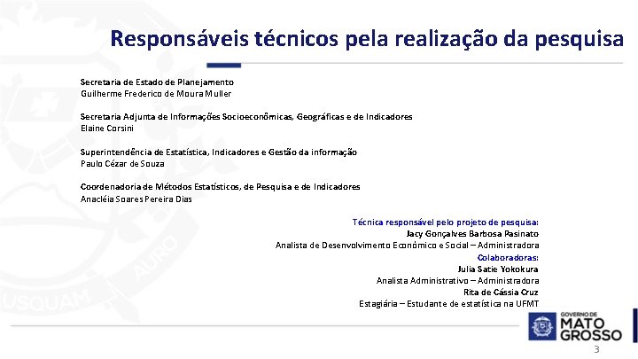 Responsáveis técnicos pela realização da pesquisa Secretaria de Estado de Planejamento Guilherme Frederico de