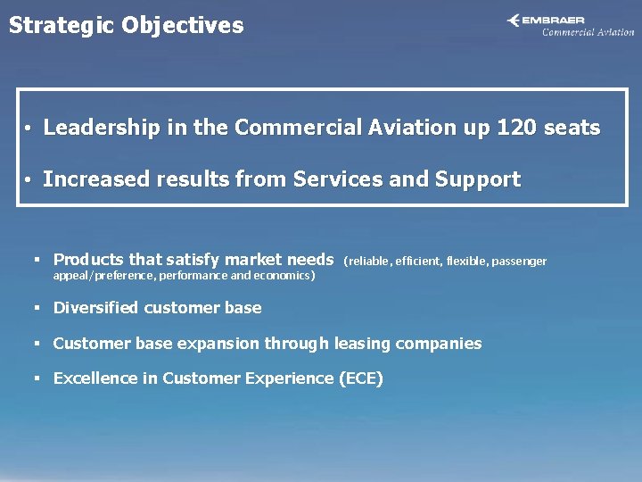 Strategic Objectives • Leadership in the Commercial Aviation up 120 seats • Increased results