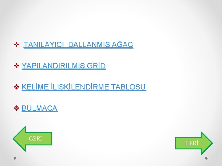 v TANILAYICI DALLANMIŞ AĞAÇ v YAPILANDIRILMIŞ GRİD v KELİME İLİŞKİLENDİRME TABLOSU v BULMACA GERİ