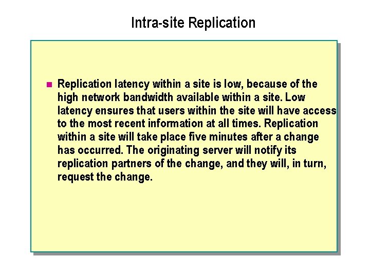 Intra-site Replication n Replication latency within a site is low, because of the high