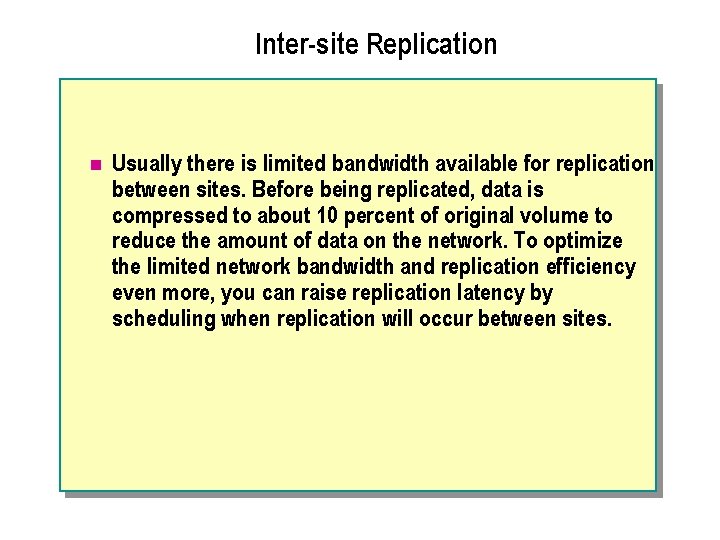 Inter-site Replication n Usually there is limited bandwidth available for replication between sites. Before