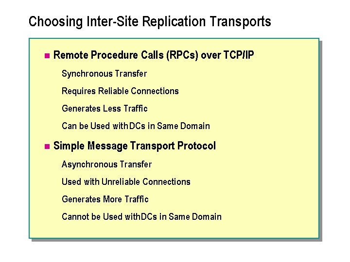 Choosing Inter-Site Replication Transports n Remote Procedure Calls (RPCs) over TCP/IP Synchronous Transfer Requires